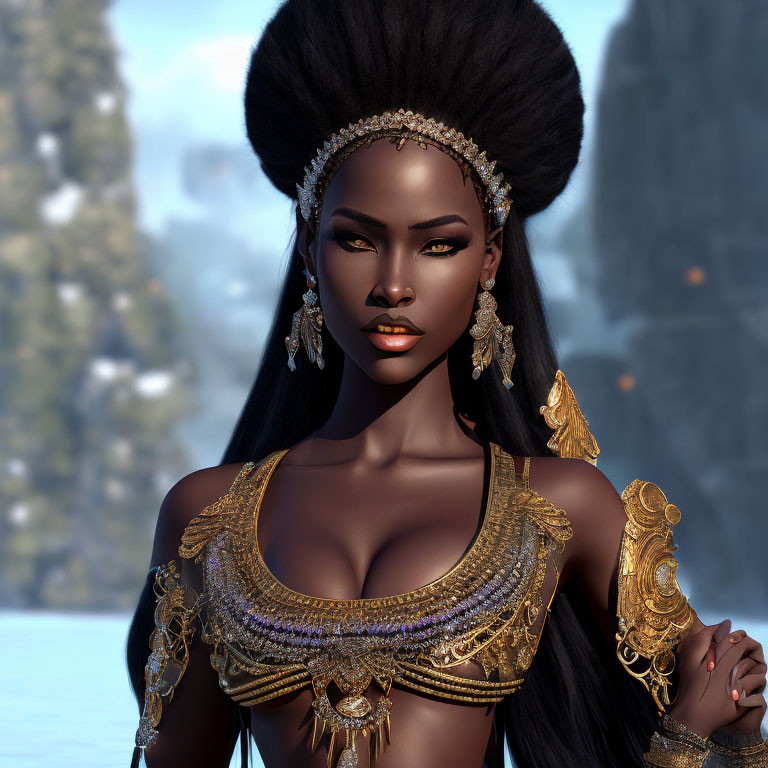 Digital artwork featuring dark-skinned woman in gold jewelry against wintry backdrop