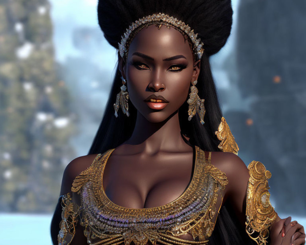 Digital artwork featuring dark-skinned woman in gold jewelry against wintry backdrop