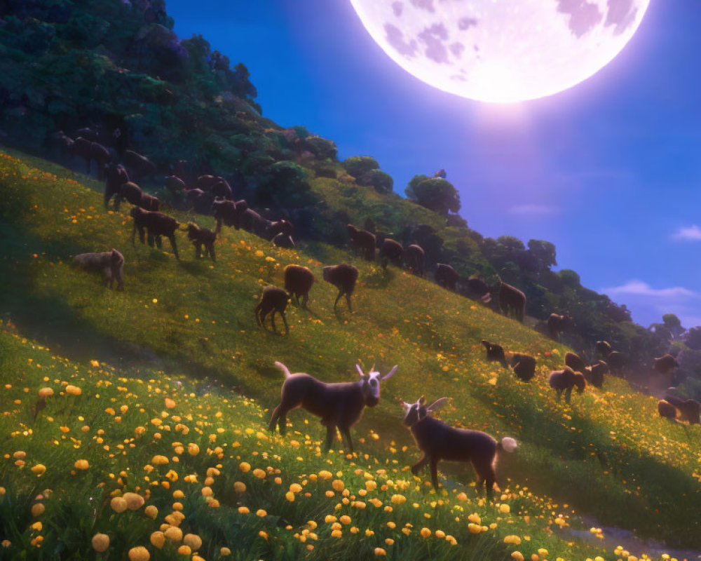 Goats grazing on flower-dotted hillside under glowing moon