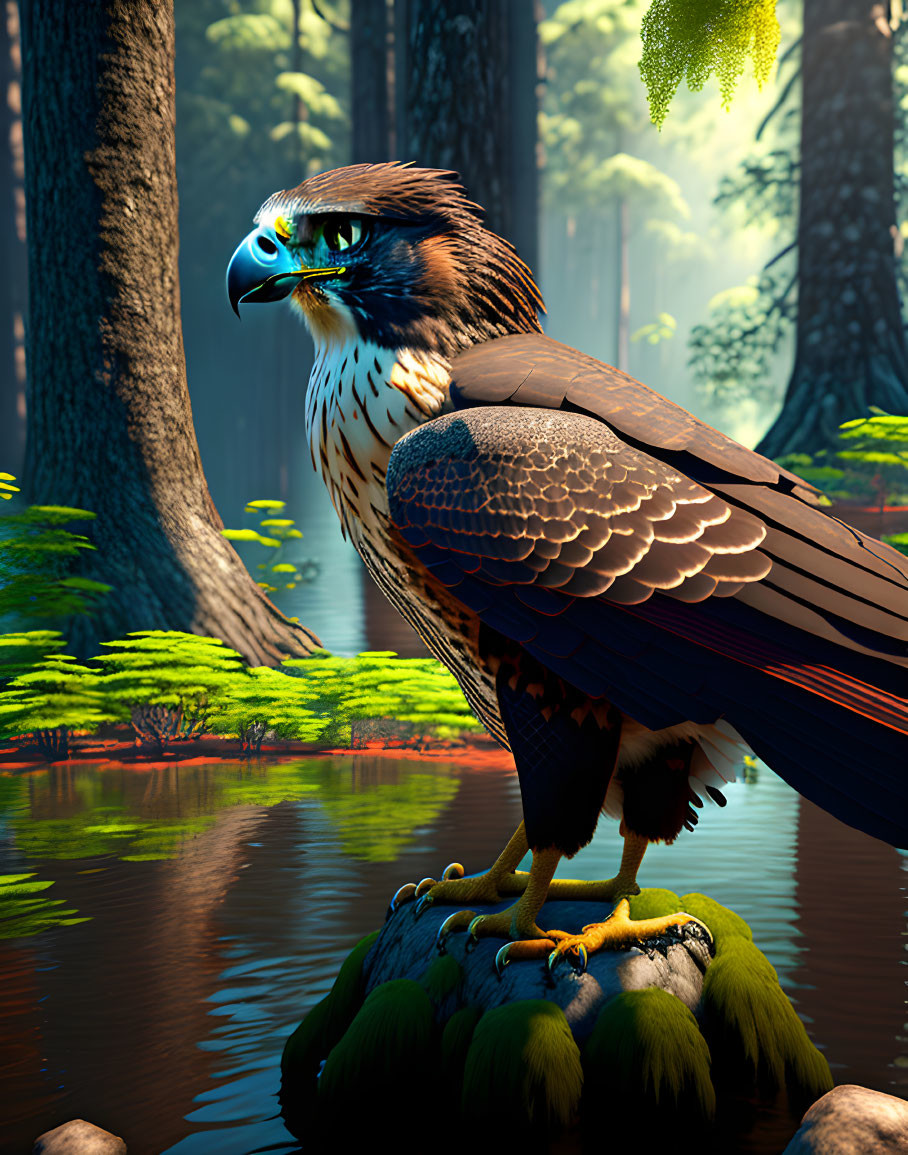 Majestic eagle perched on rock in serene forest setting