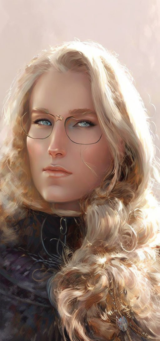 Portrait of woman with long blonde hair, blue eyes, round glasses, and high-collared garment