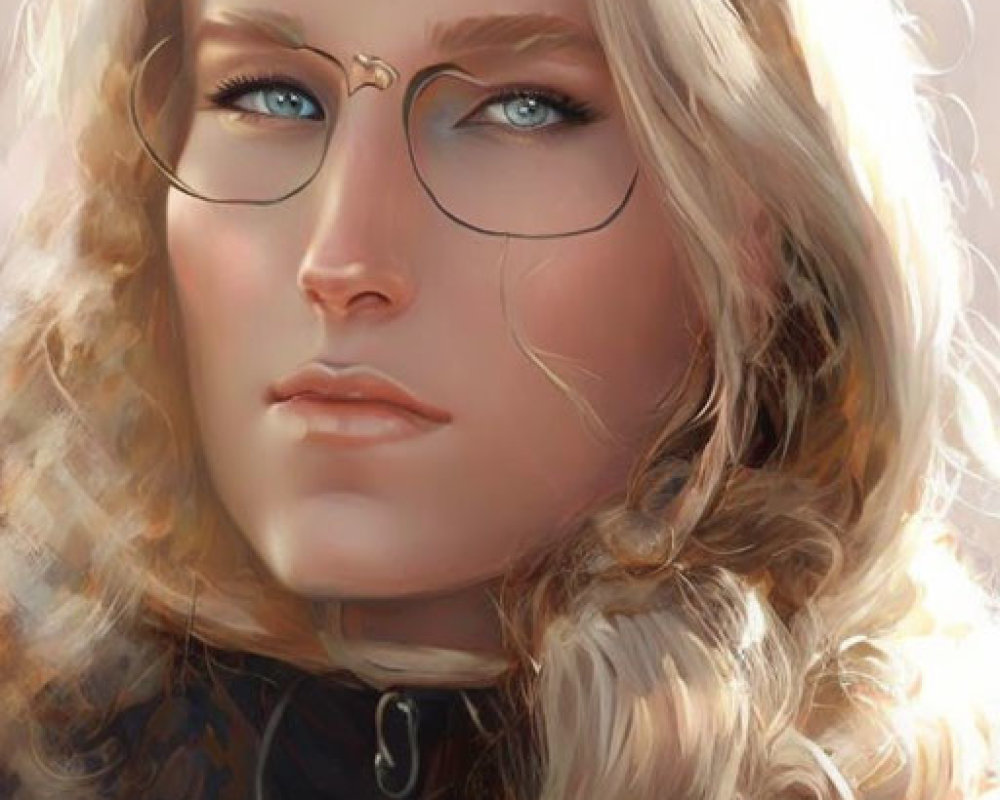 Portrait of woman with long blonde hair, blue eyes, round glasses, and high-collared garment