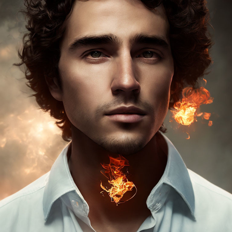 Curly-Haired Man with Flames on Shoulders and Neck in Serene Pose