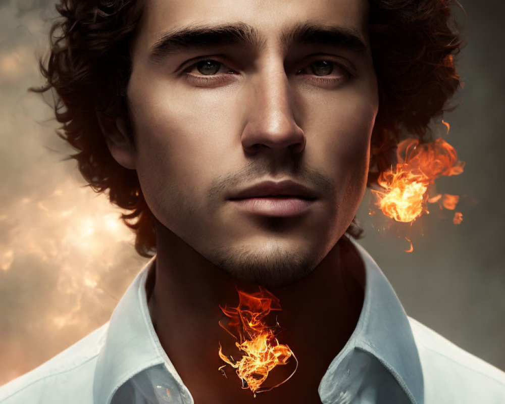 Curly-Haired Man with Flames on Shoulders and Neck in Serene Pose