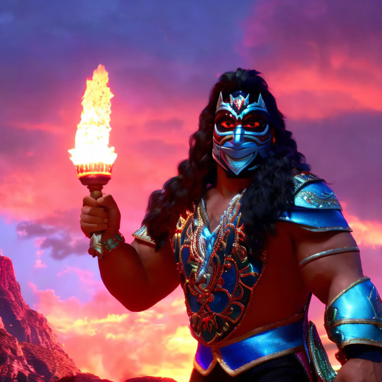 Muscular figure in vibrant armor holding flaming torch against dramatic red sky