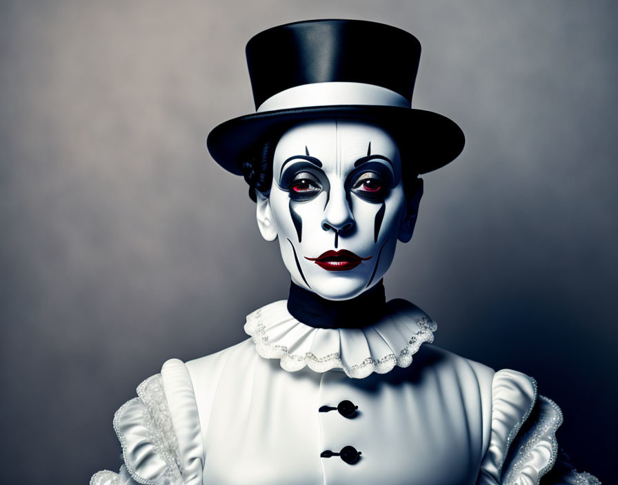 Mime costume with white face paint and black eye makeup