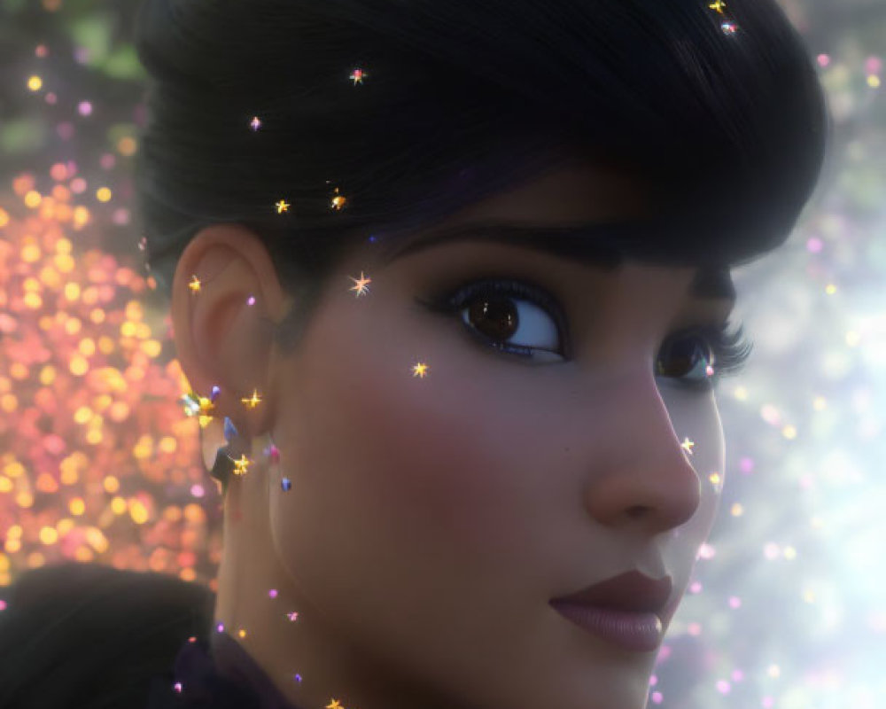 Dark-haired 3D animated female character with sparkling earrings in profile against dreamy light background