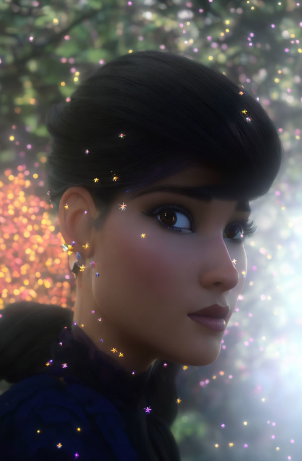 Dark-haired 3D animated female character with sparkling earrings in profile against dreamy light background