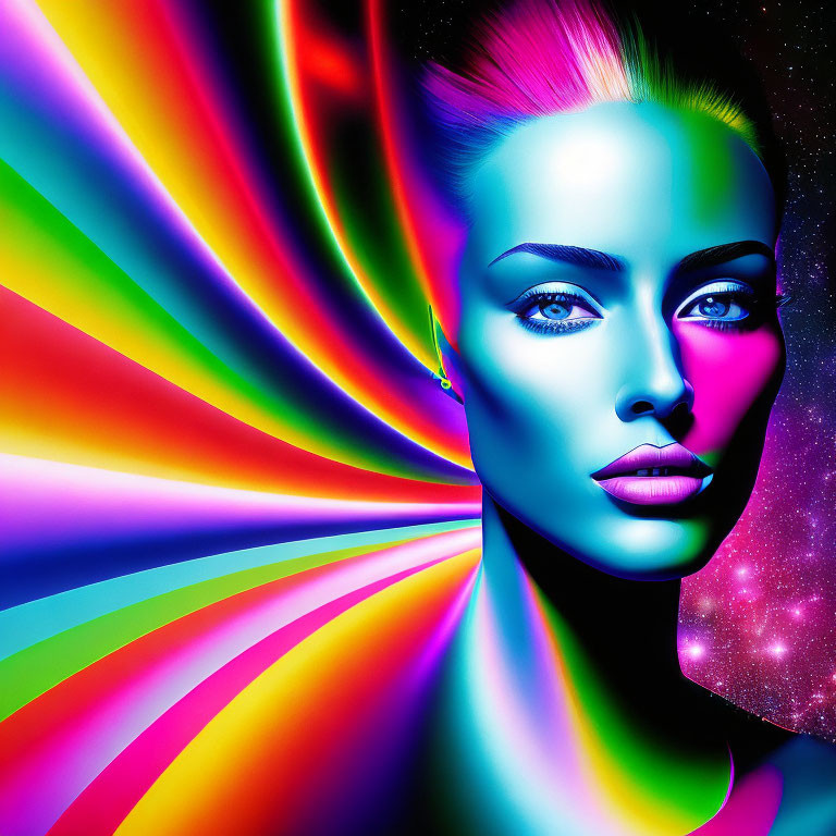 Colorful digital portrait of a woman with neon skin tones on psychedelic rainbow backdrop