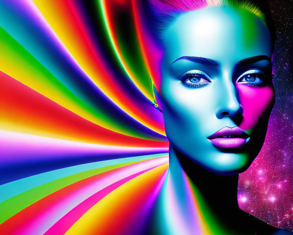 Colorful digital portrait of a woman with neon skin tones on psychedelic rainbow backdrop