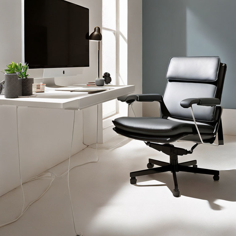 Contemporary office space with iMac, black chair, plant, and lamp by window.