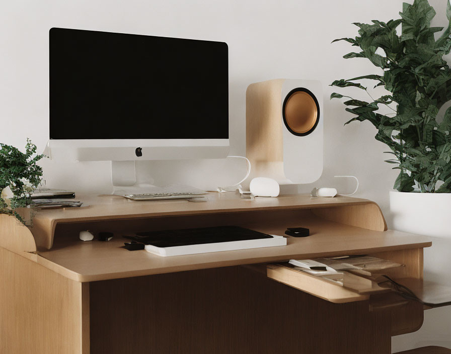 Minimalist Workspace Setup with iMac, Speaker, Drawing Tablet, Notebook, and Plant on Wooden Desk