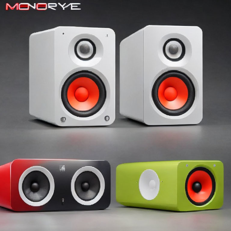 Four Modern Two-Tone Speakers with Central Woofers in Various Color Combinations