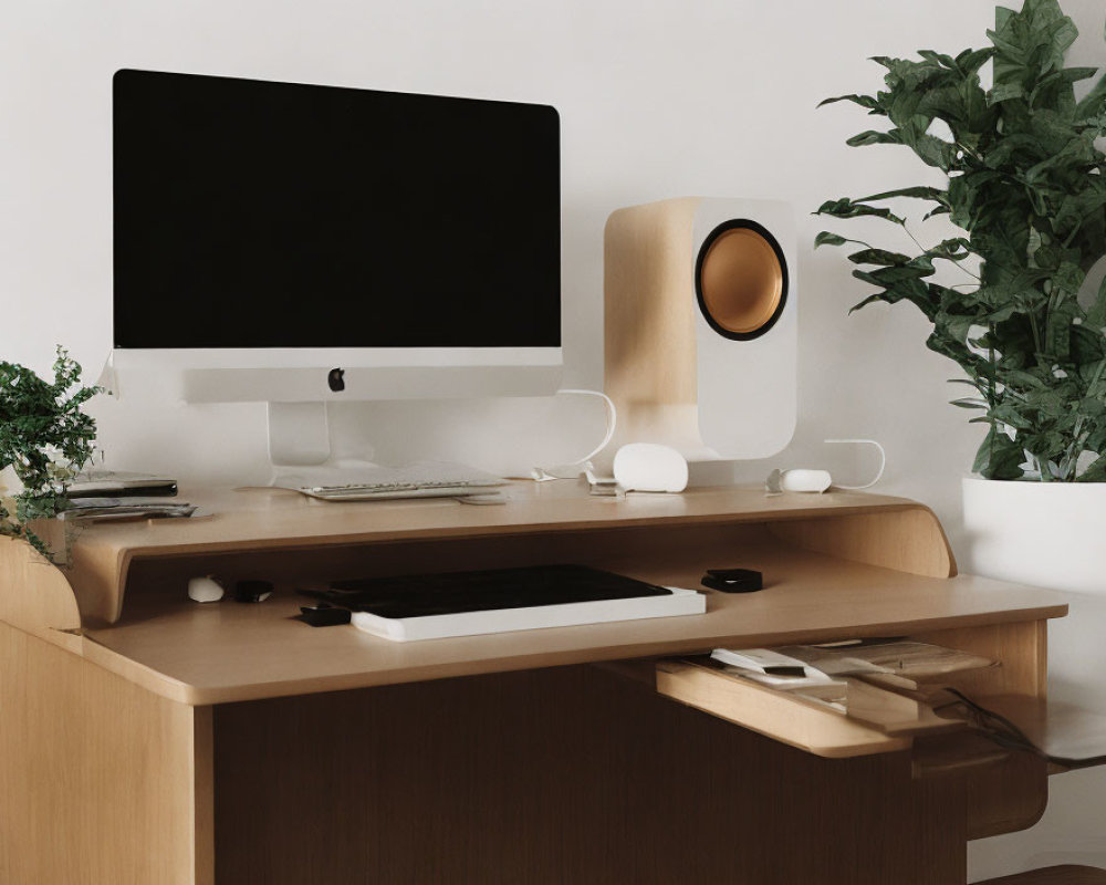 Minimalist Workspace Setup with iMac, Speaker, Drawing Tablet, Notebook, and Plant on Wooden Desk