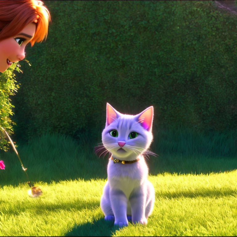 Red-haired animated girl smiles at gray kitten in sunny grassy scene