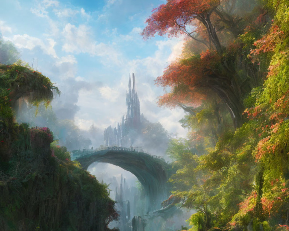 Mystical landscape with lush greenery, waterfalls, stone bridge, and towering spire in