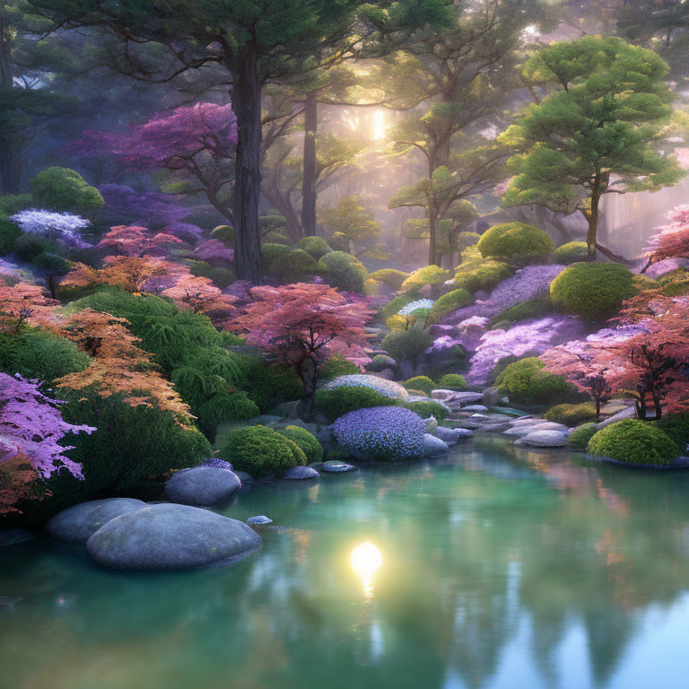 Tranquil sunlit garden with pond and blooming trees