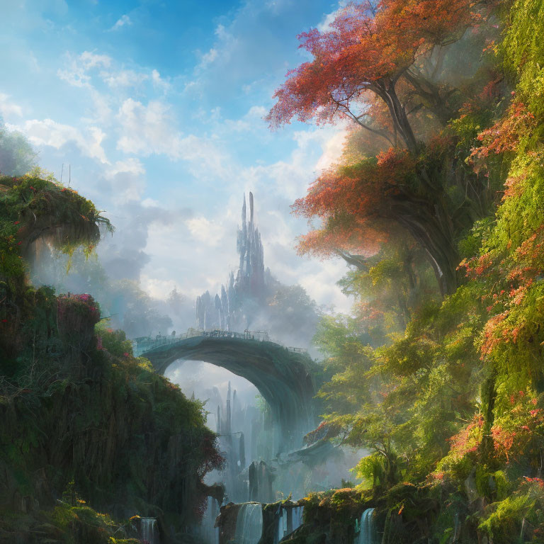 Mystical landscape with lush greenery, waterfalls, stone bridge, and towering spire in