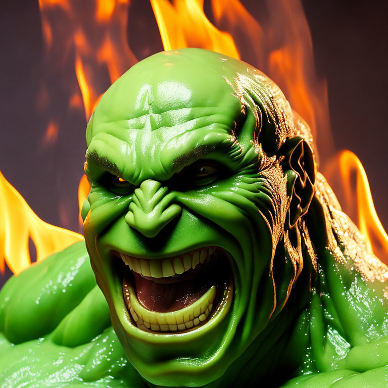 Green muscular comic character with exaggerated grin and furrowed brow against fiery backdrop.