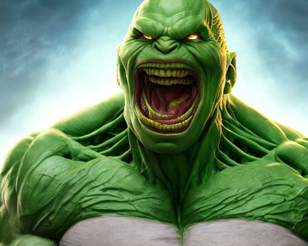 Green-skinned muscular creature roaring against stormy sky