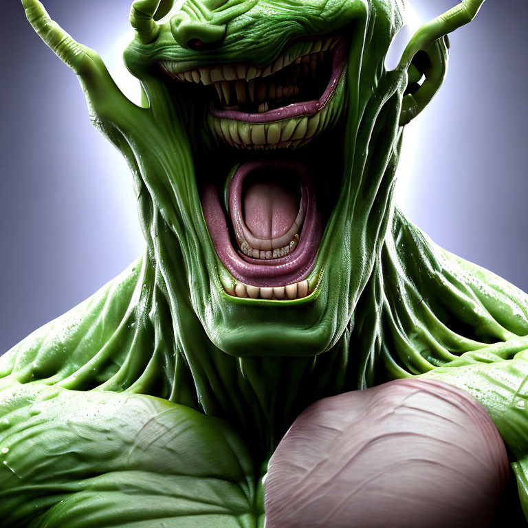 Detailed Close-Up of Menacing Animated Monster with Green Skin