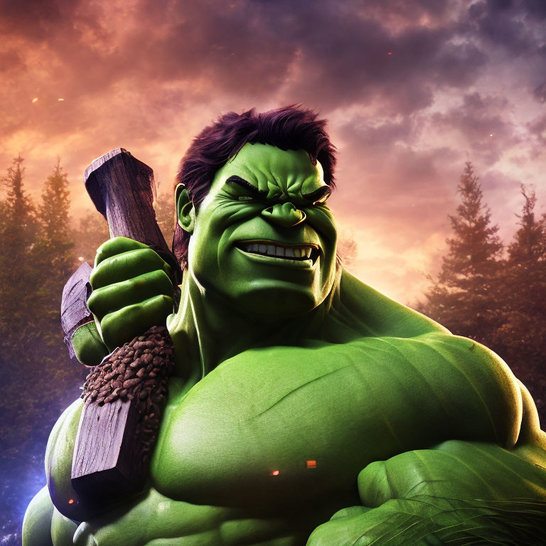 Muscular green character with large hammer in fiery sky scene