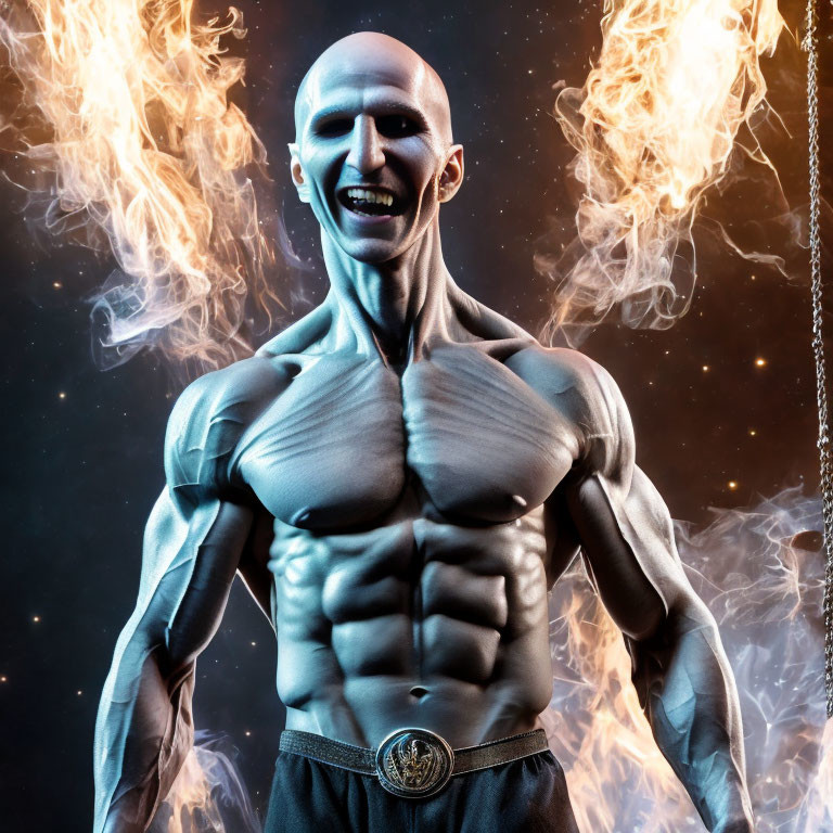 Muscular person with shaved head smiling in front of flames wearing dark athletic shorts