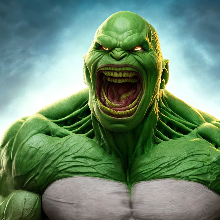 Green-skinned muscular creature roaring against stormy sky