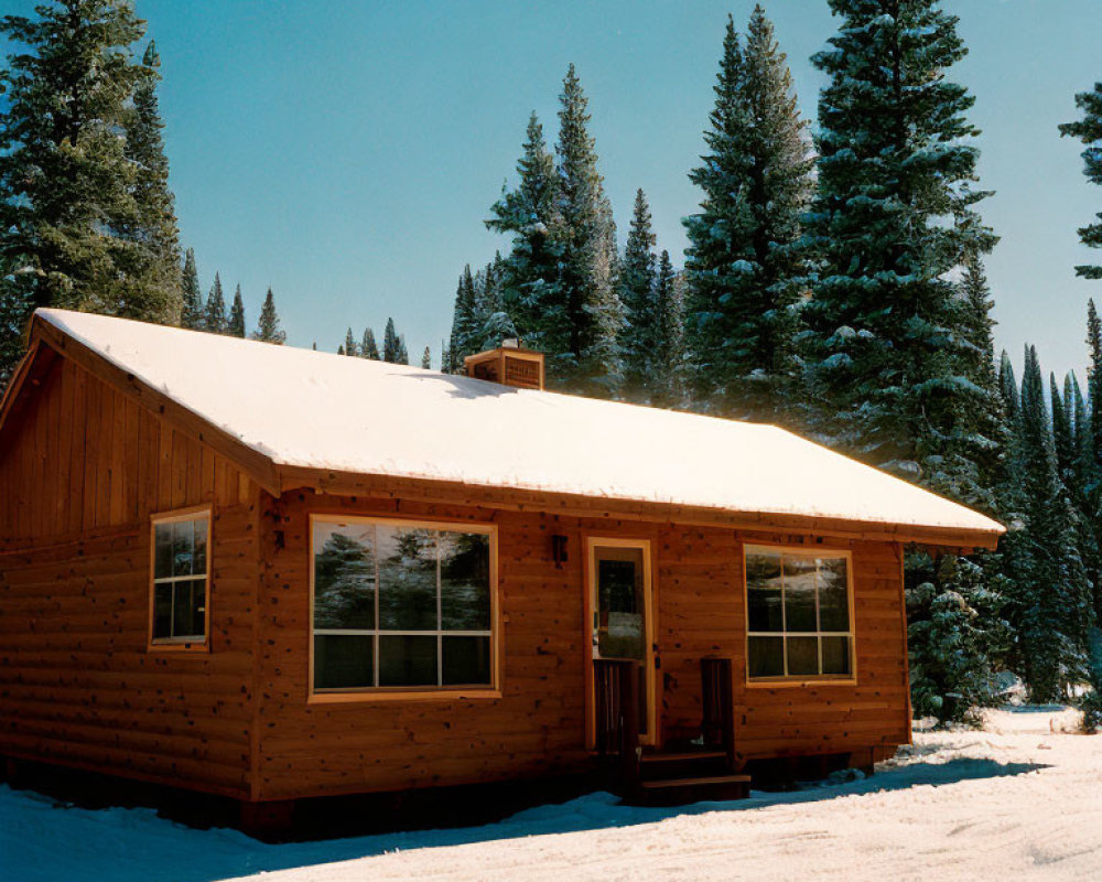 Snowy landscape with cozy wooden cabin and evergreen trees