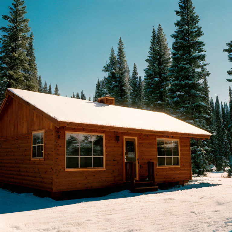 Snowy landscape with cozy wooden cabin and evergreen trees