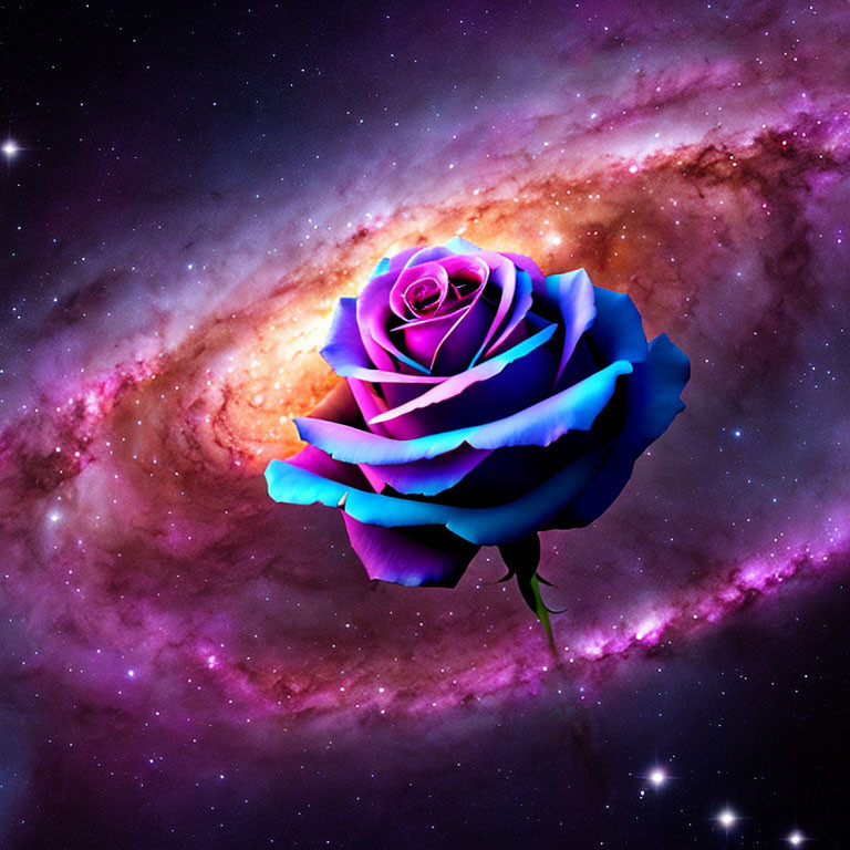 Colorful Rose Against Starry Galaxy Background in Purple and Blue