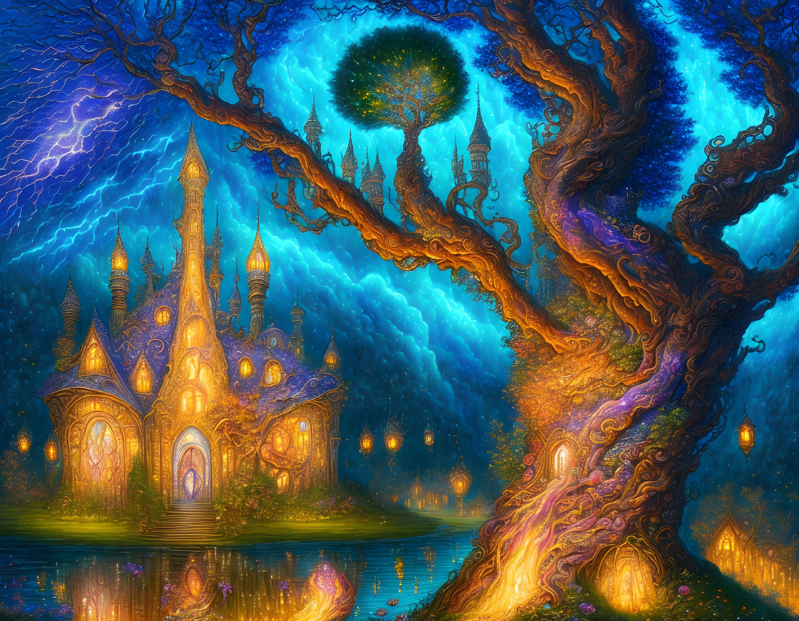 Enchanting castle by serene lake with magical tree and celestial backdrop