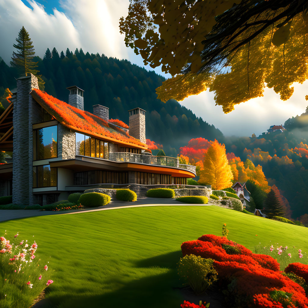 Modern house with large windows and stone chimneys in autumn landscape.