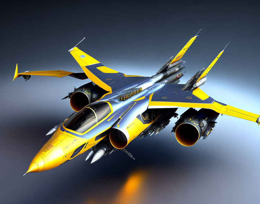 Detailed 3D Rendering: Futuristic Yellow Fighter Jet with Rocket Launchers