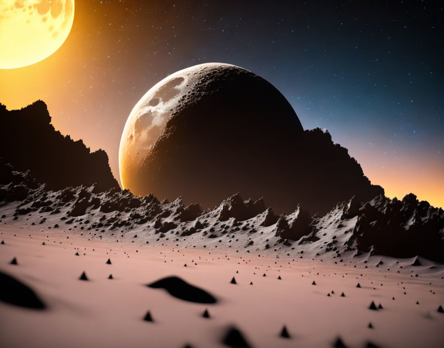 Surreal Space Landscape with Rocky Terrain and Celestial Bodies