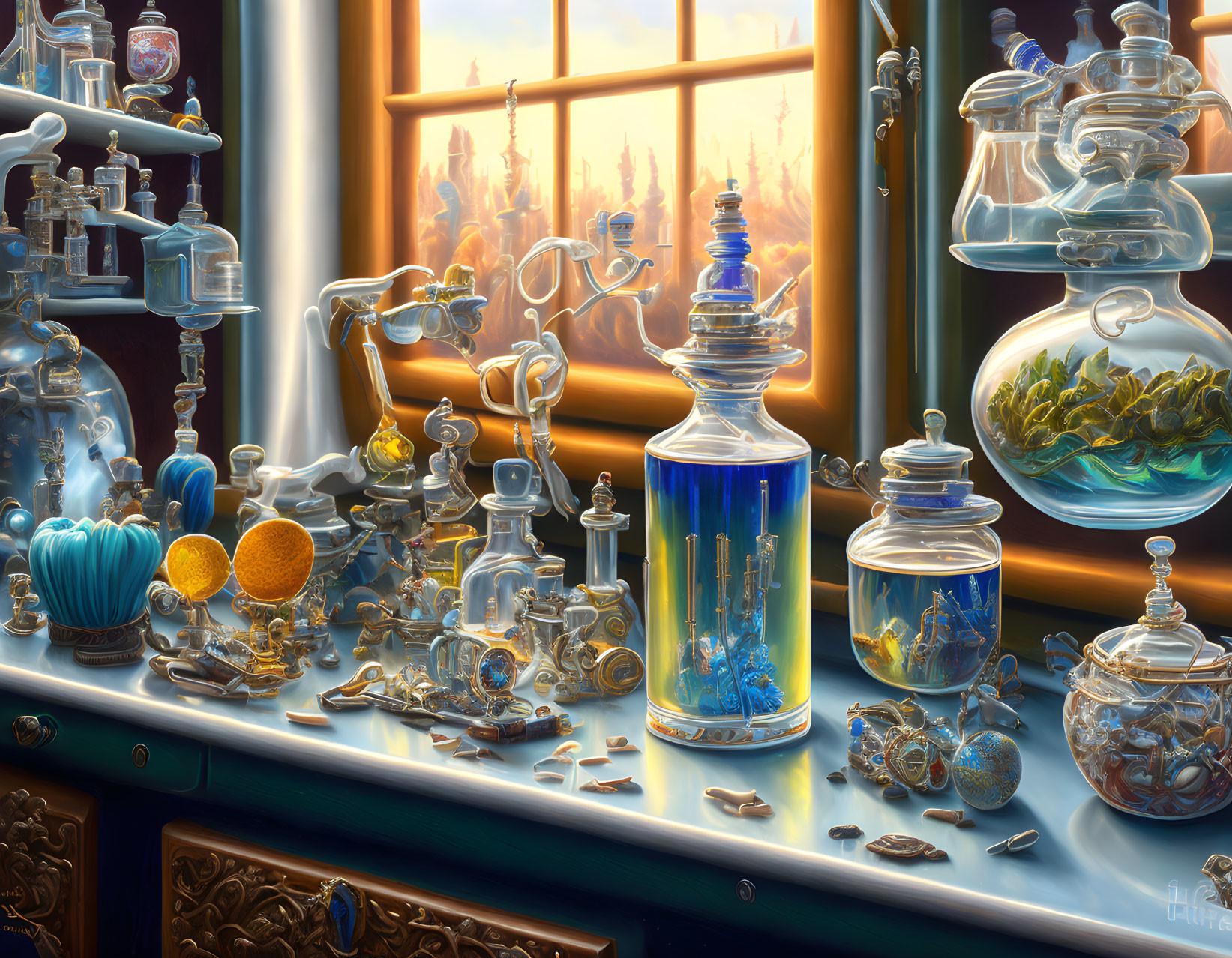 Glass scientific apparatuses with vibrant liquids against window backdrop.