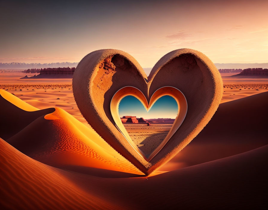 Heart-shaped cutout in sand dunes captures sunset over landscape