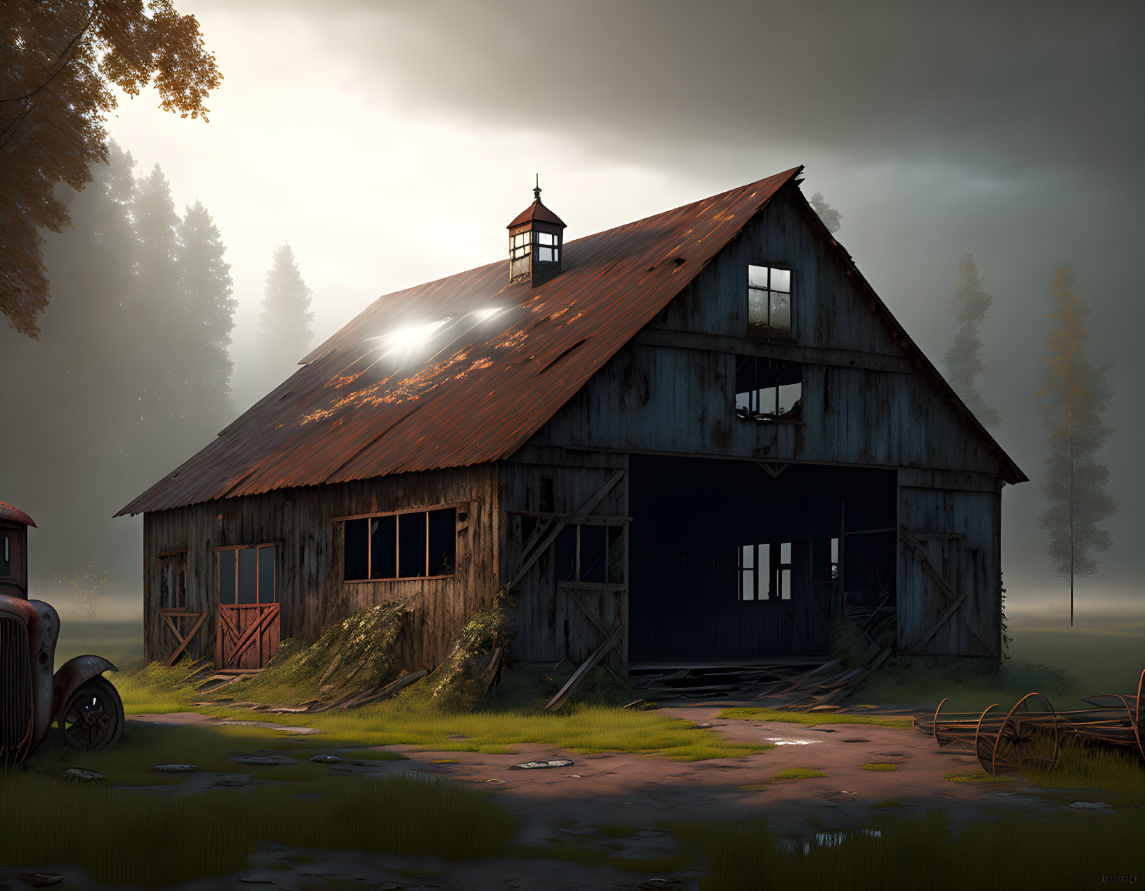 Rusty roofed old barn and antique car in misty forest clearing