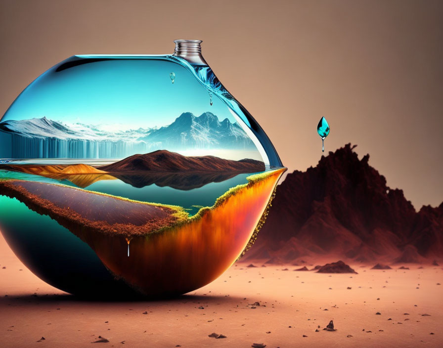 Surreal fishbowl with miniature landscape and desert backdrop