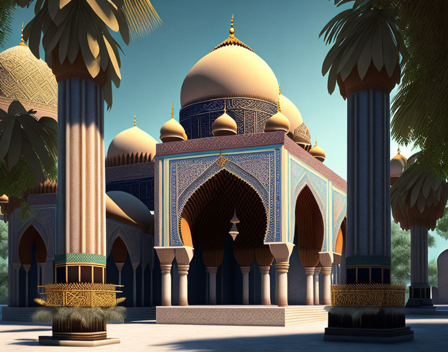 Majestic mosque with golden domes and blue tilework