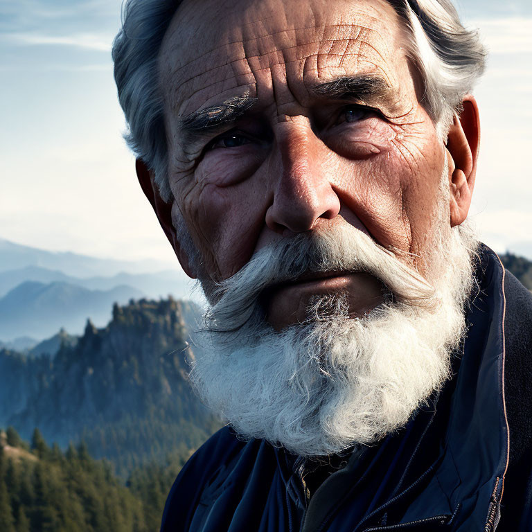 Elderly Man with White Beard and Mountainous Background