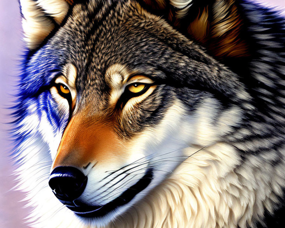 Realistic wolf digital painting with intense gaze and vibrant fur textures