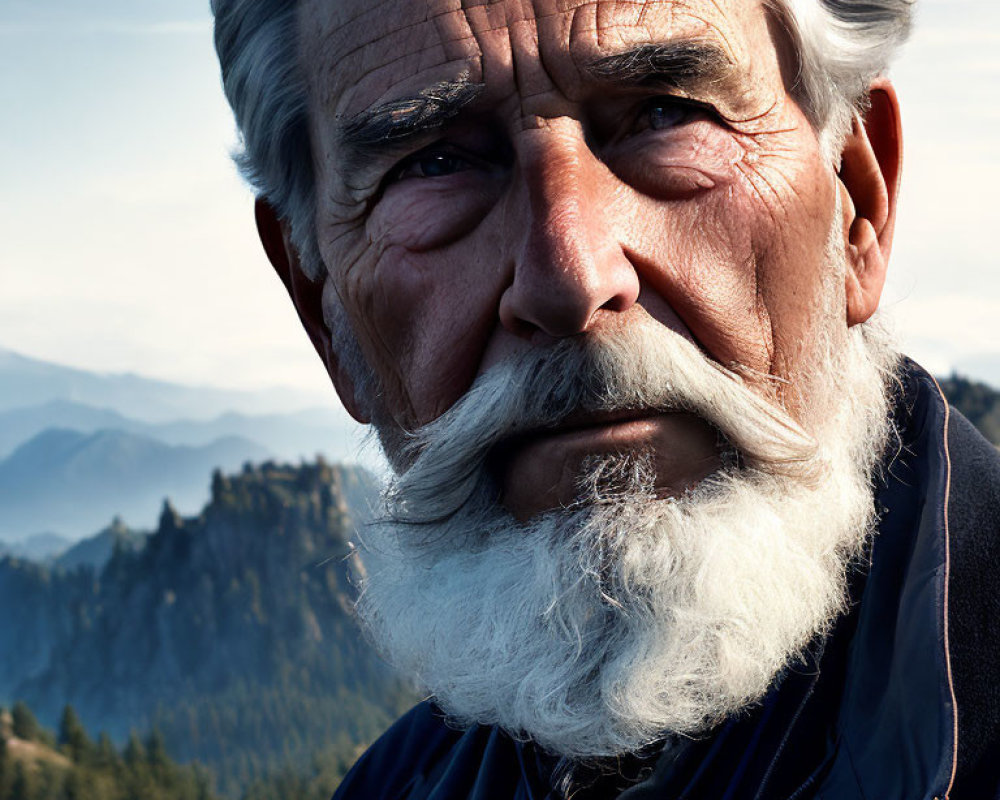 Elderly Man with White Beard and Mountainous Background