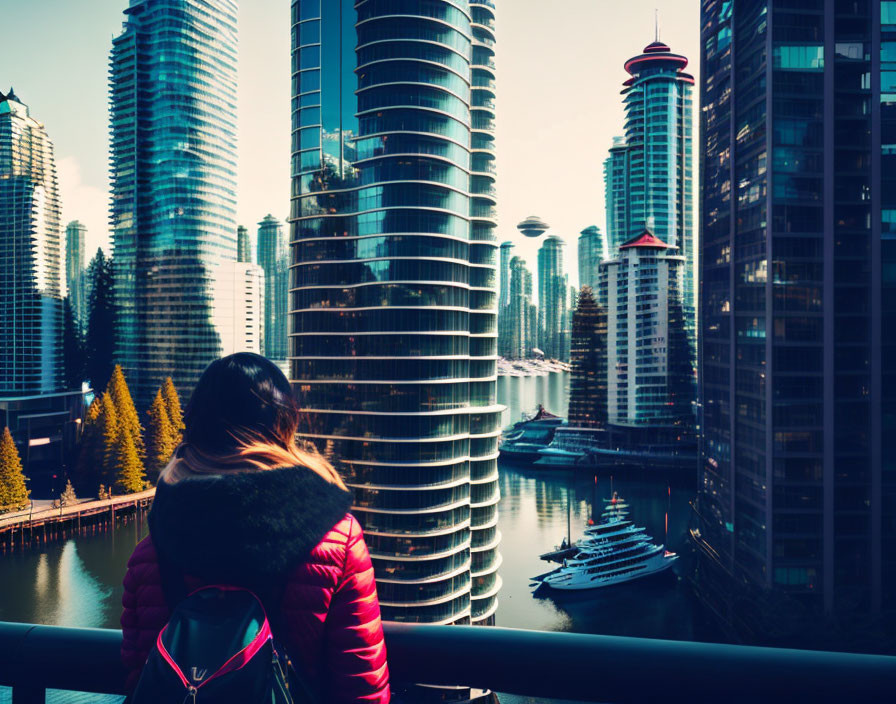 Person in Red Jacket Observing Modern Cityscape with Glass Buildings and Waterfront