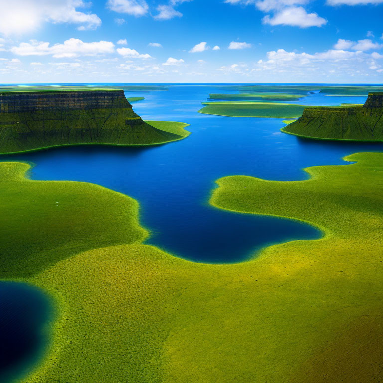 Scenic Aerial View of Green Wetland with Blue Waterways