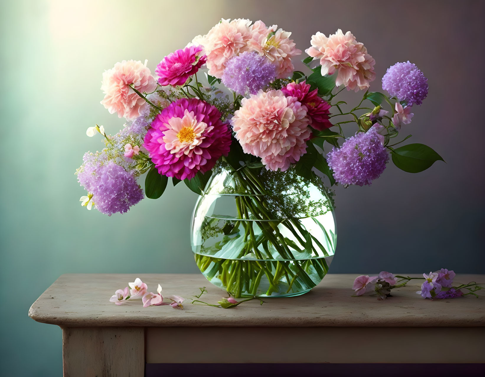 Pink and Purple Flower Bouquet in Clear Glass Vase on Wooden Table