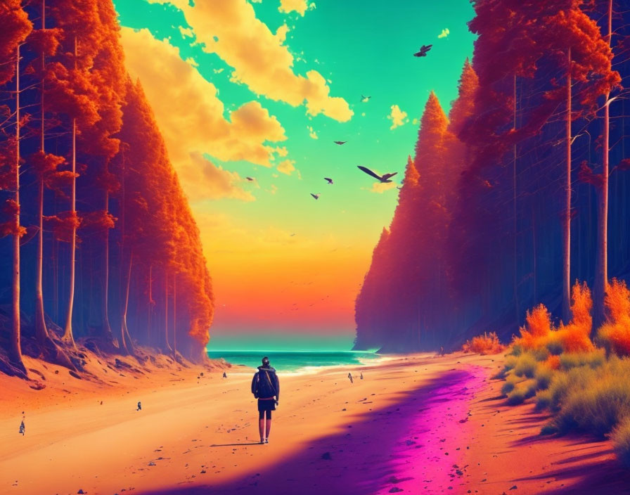 Vibrant sunset beach scene with colorful trees and flying birds