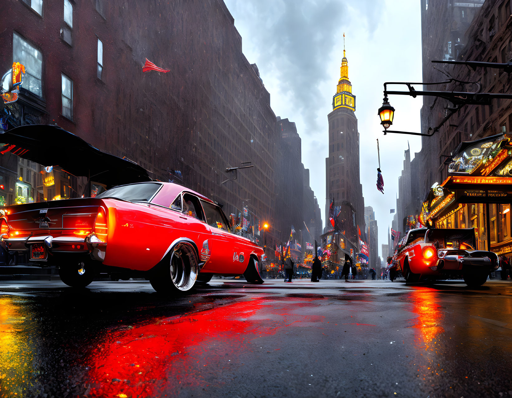 Urban street scene at dusk with neon lights, classic cars, and pedestrians.