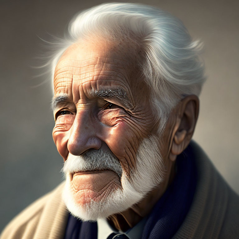 Elderly man portrait with white hair, mustache, and deep wrinkles