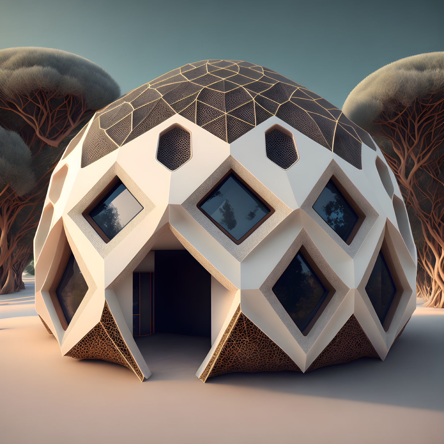 Hexagonal-patterned dome building with stylized trees at twilight